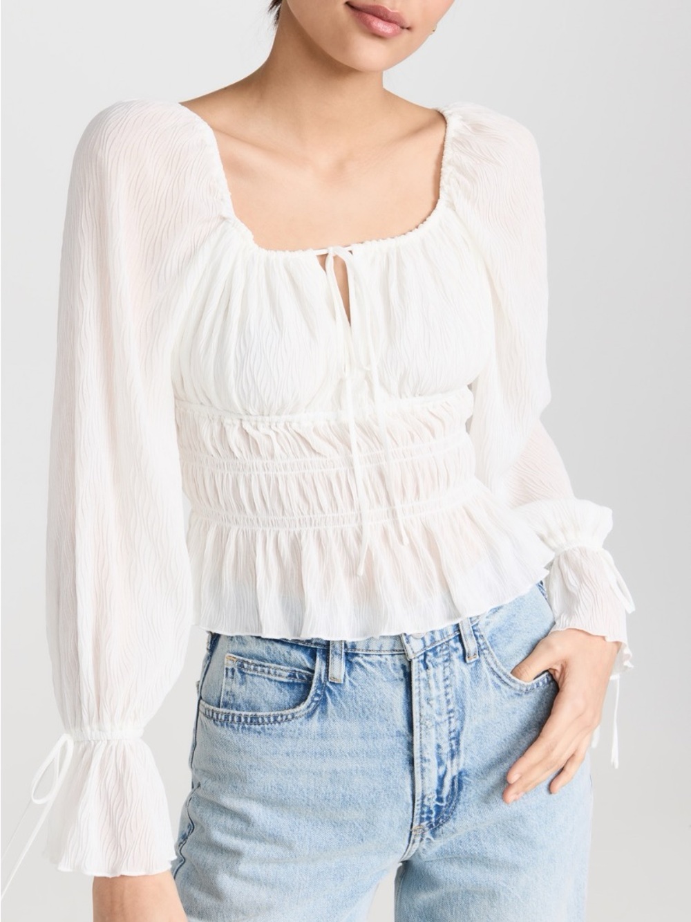 Wayf White Smocked Peasant Blouse with Tie Front